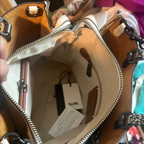 Coach Rogue Tan Leather Handbag with Patterned Handles crossbody, shoulder